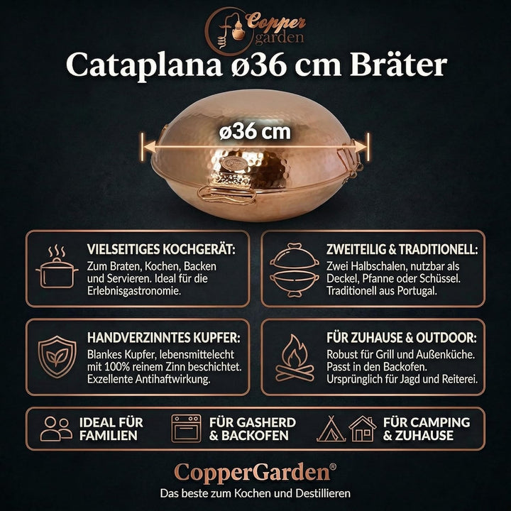CopperGarden® Cataplana Bräter aus handverzinntem gehämmerten Kupfer mit ca 36 cm Durchmesser I Port