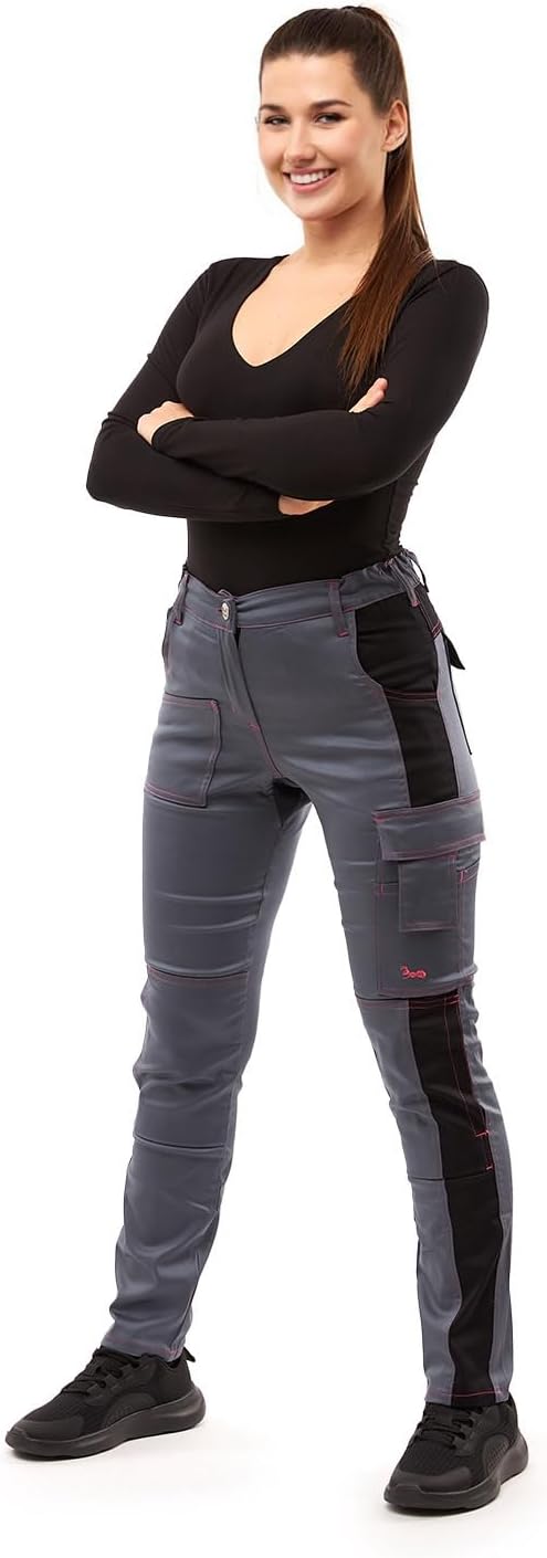 strongAnt Damen Arbeitshose komplett Stretch für Frauen Bundhose mit Kniepolstertaschen Schwarz Grau