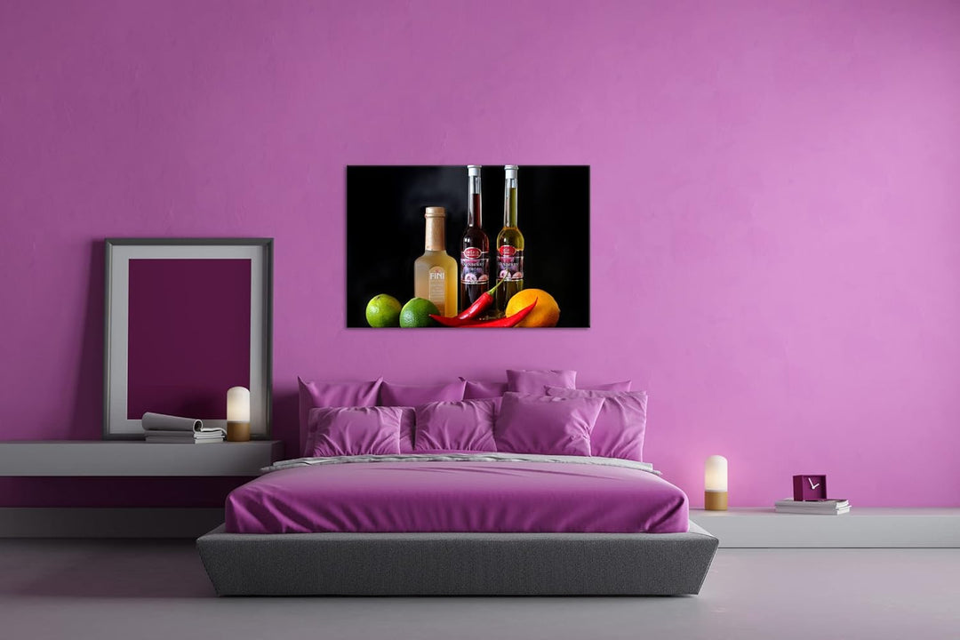 deyoli Dark bunte Lebensmittel mit Essig im Format: 80x60 als Leinwandbild, Motiv fertig gerahmt auf