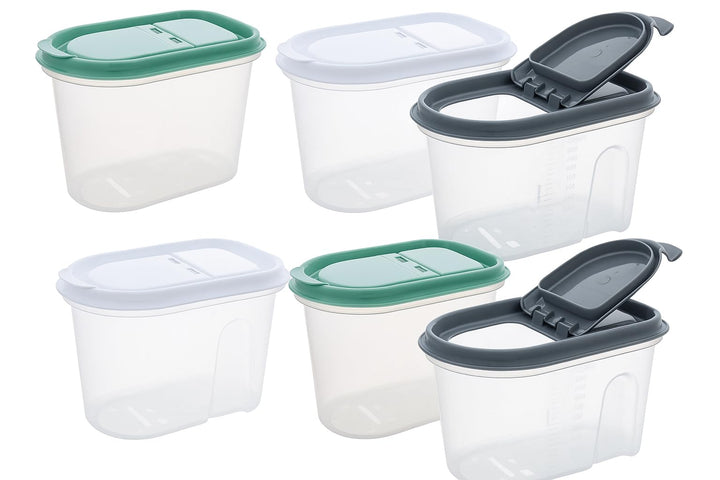 Vorratsdosen 6er Set Mix 1,1L - Schüttdosen transparent mit Klappdeckeln - Müslispender aus Kunststo