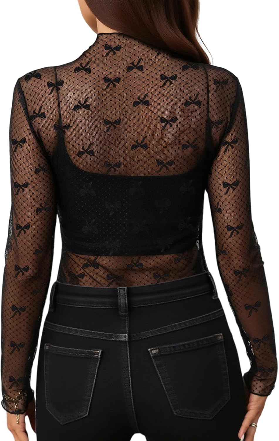 MAYFASEY Damen Sexy Body Langarm Hemden Transparentes Mesh Durchsichtiger Bodys Shirt Tops B-Schwarz