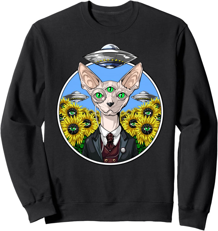 Psychedelische Sphynx Katze Ausserirdische UFO Sonnenblumen Sweatshirt