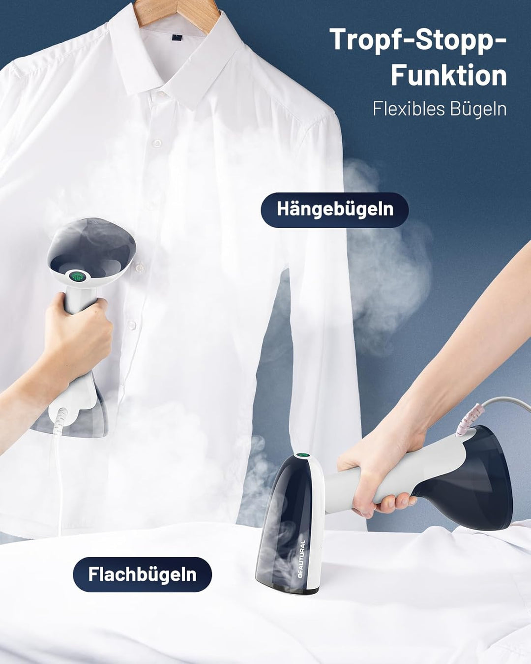 BEAUTURAL Steamer, 1500W Dampfglätter, Schnelles Aufheizen, 260ml Wassertank, Auto-Abschaltung, Falt