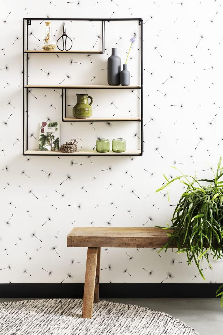 LIFA LIVING Wandregal aus MDF Holz & schwarzem Metall mit 4 Böden, Vintage Schweberegal im Naturstil
