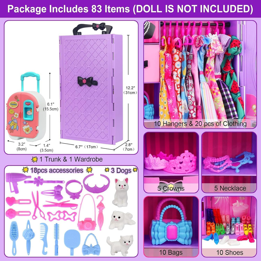83 Teile Puppenkleidung Puppenzubehör Kleiderschrank für 11,5 Zoll Puppe Dress Up Set mit Koffer, Kl