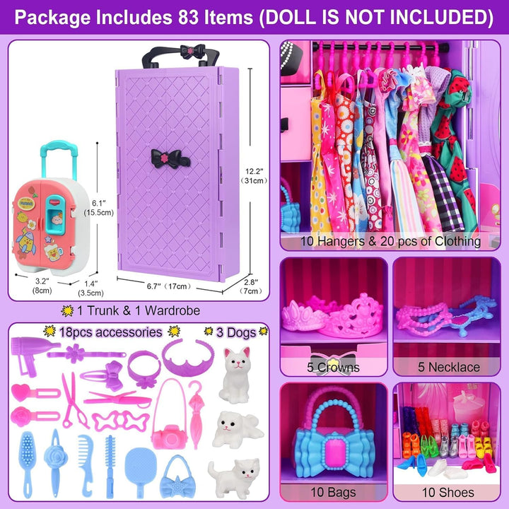 83 Teile Puppenkleidung Puppenzubehör Kleiderschrank für 11,5 Zoll Puppe Dress Up Set mit Koffer, Kl