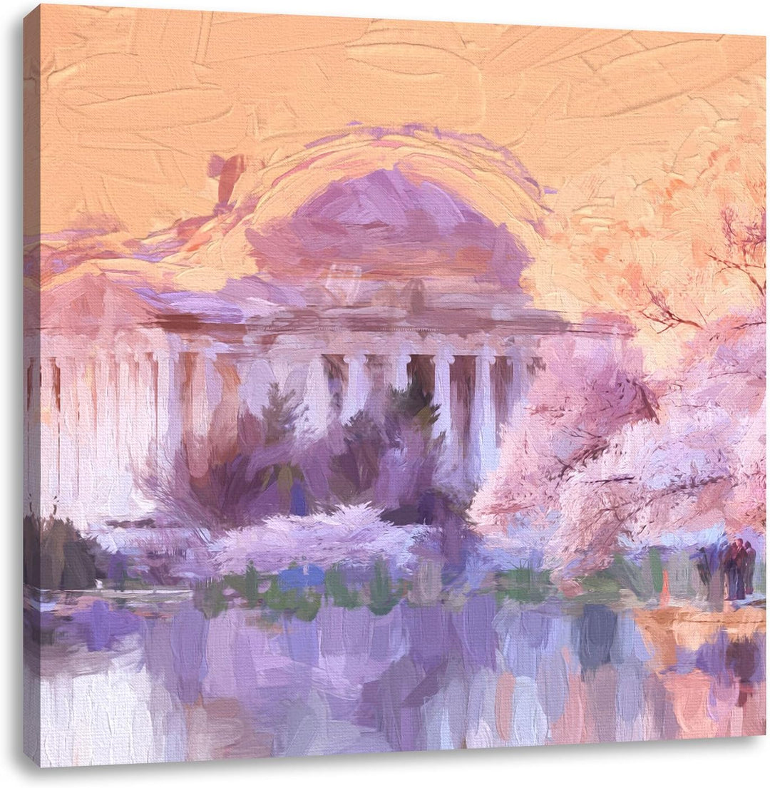 Pixxprint Jefferson Memorial and Cherry Blossom Festival Pinsel Effekt, Format: 70x70 auf Leinwand,