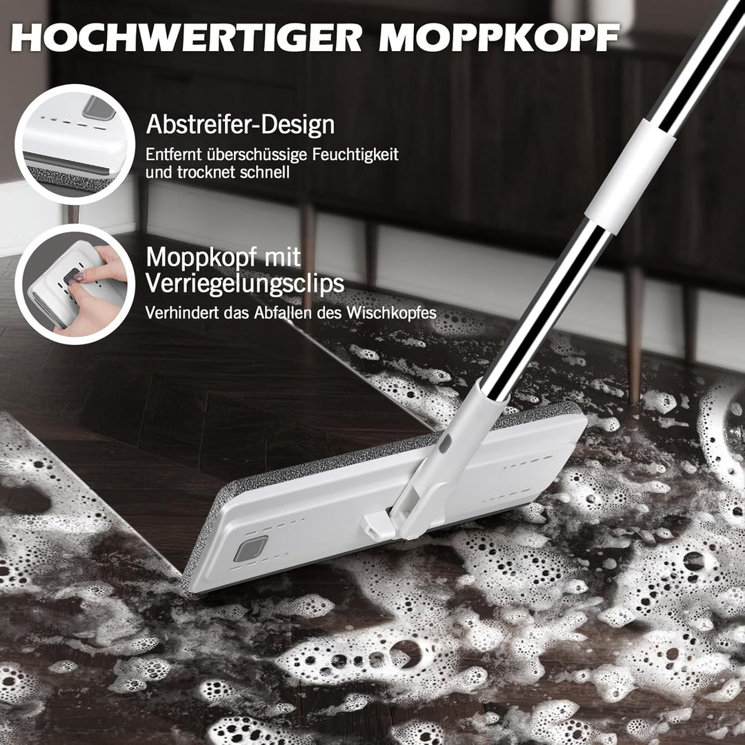 MASTERTOP Wischmopp Set mit Eimer, Flachmopp Bodenwischer mit 5 Mopp Pads und Langem Griff, 2 in 1 P
