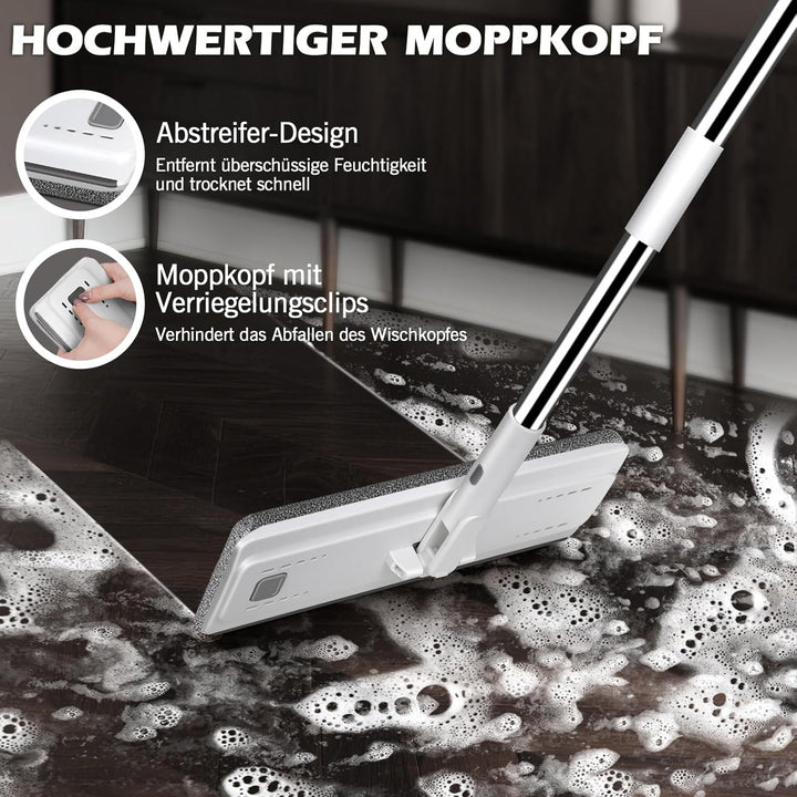 MASTERTOP Wischmopp Set mit Eimer, Flachmopp Bodenwischer mit 5 Mopp Pads und Langem Griff, 2 in 1 P