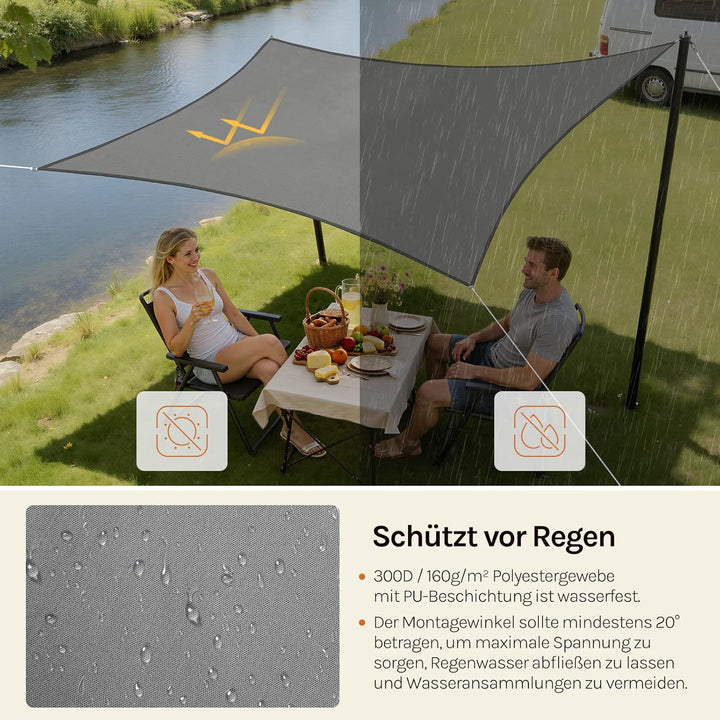 WOLTU Sonnensegel Quadrat 4x4m Grau wasserabweisend Sonnenschutz Polyester Windschutz mit UV Schutz