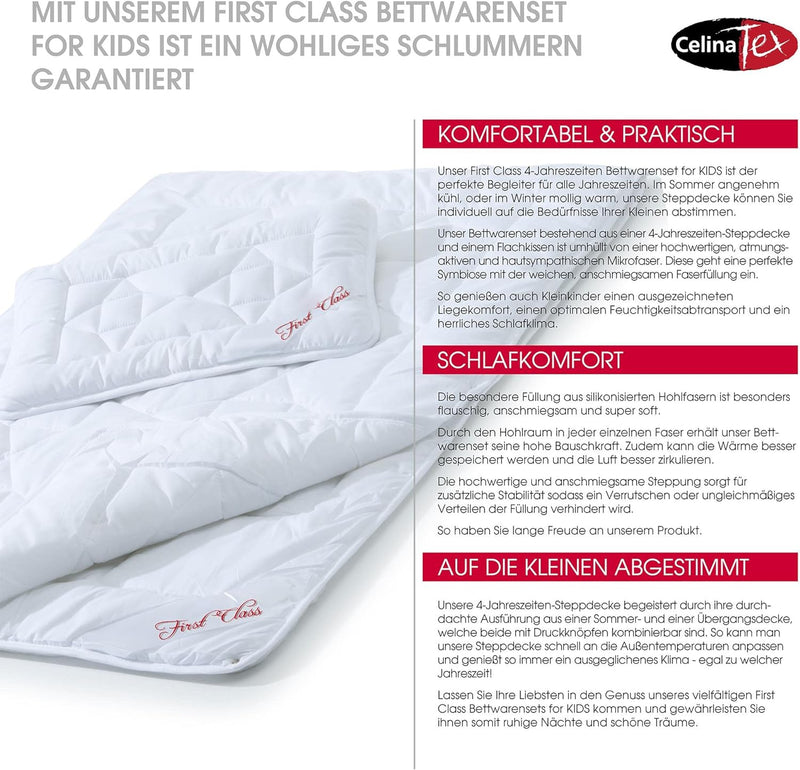 CelinaTex First Class Kinder Bettdecke 100 x 135 cm 4 Jahreszeiten Decke Set mit Kopfkissen 40 x 60