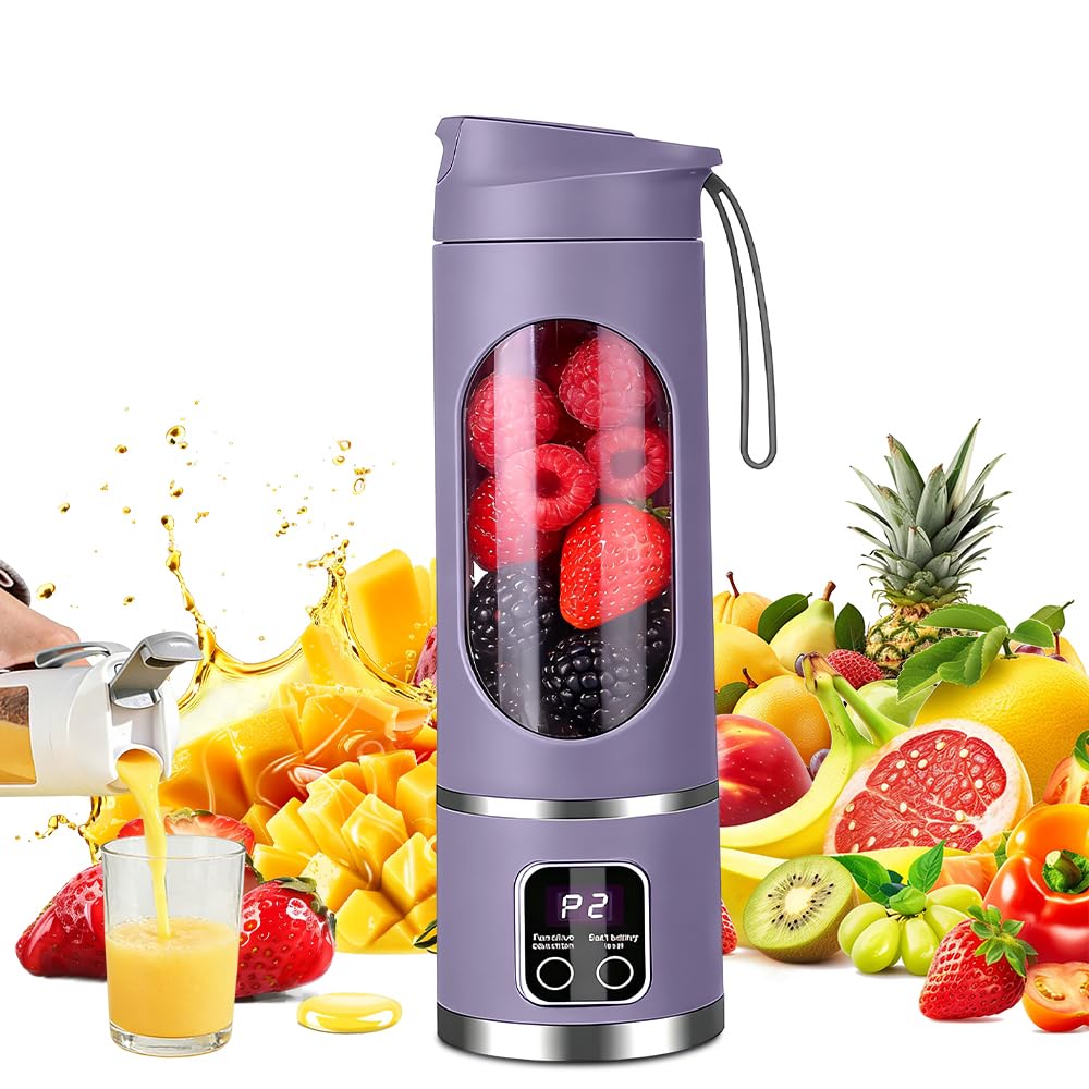 Tragbarer Mixer Smoothie Maker, 450ml USB Mini Mixer to Go mit Digitalanzeige, 12-Klingen Portable B