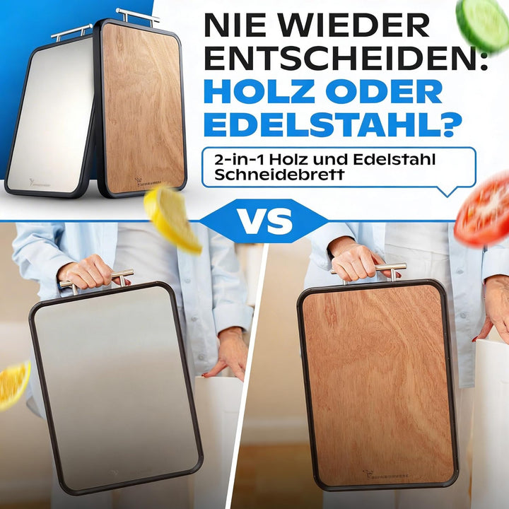 Doppelseitiges Schneidebrett Holz & Edelstahl – 2-in-1 Küchenbrett | Rutschfestes Cutting Board, Gro