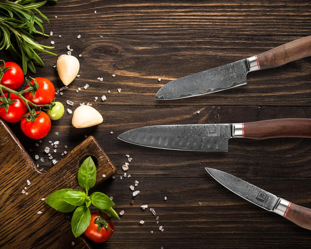 zayiko Kurumi 3er Damastmesser Set mit Klingen von 9,50 cm - 17,50 cm I aus 67 Lagen | Damast Küchen