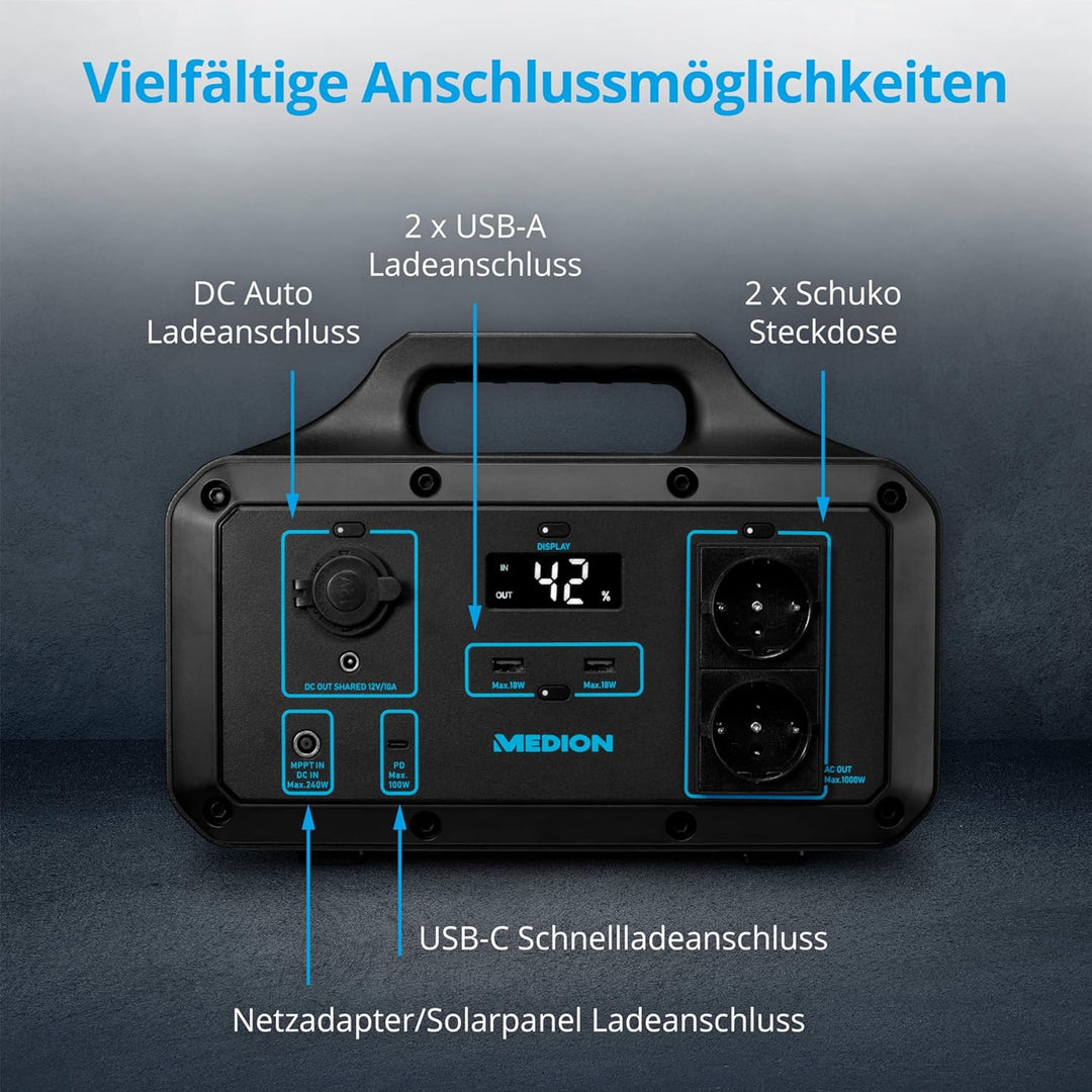 MEDION Power Station S69500 (MD46500), Premium LifePo4 Akkupack, 5 Ausgänge zum Laden, 518 Wh Kapazi