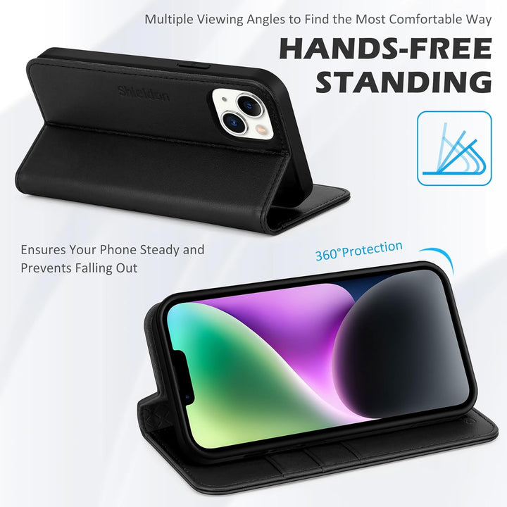 SHIELDON Hülle für iPhone 14 5G Stossfest Handyhülle [Erstklassig Echtleder] [Kartenfach] [Magnet] [
