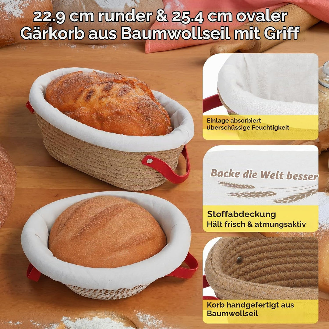 Gärkörbchen aus Baumwollseil für Brot, Sauerteig Starter Set, Komplettset Brot Backen Zubehör Mit Bä