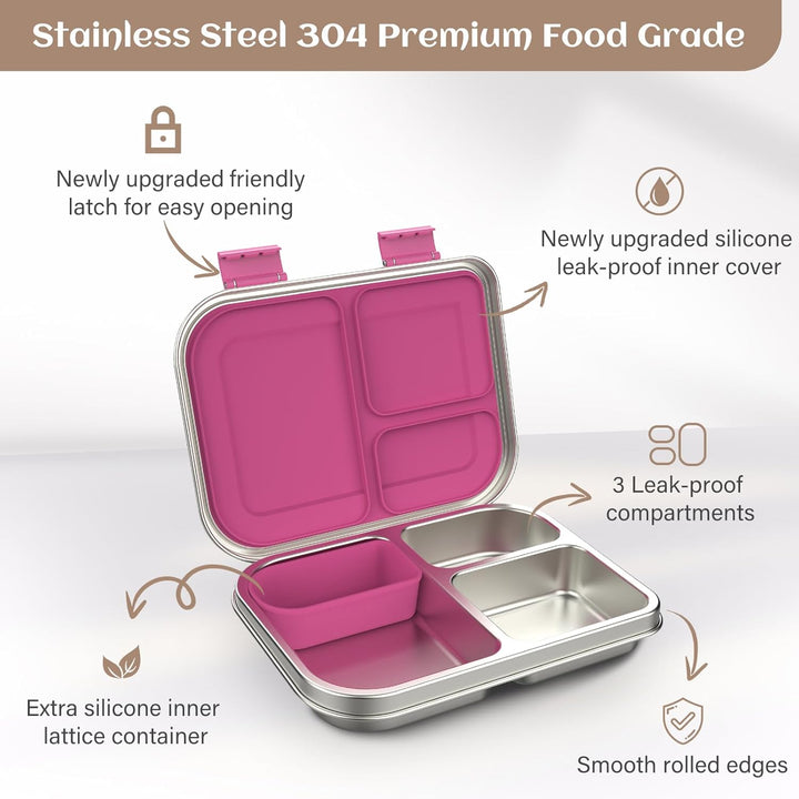 Edelstahl Brotdose Lunchbox Kinder, Metal Bento Lunch Box Auslaufsicher,3 Fächern mit Silikonbehälte