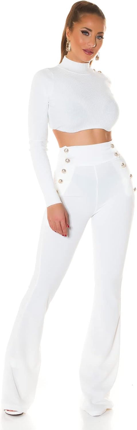 Koucla Stoff Business High Waist Schlag Hose mit Deko Knöpfe XL Weiss, XL Weiss