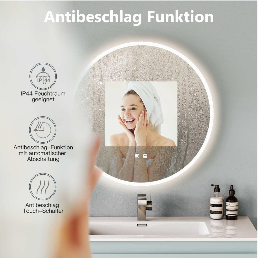 Badspiegel mit Beleuchtung Rund 80cm, Spiegel Runder mit Licht und mit Antibeschlag, Badezimmerspieg