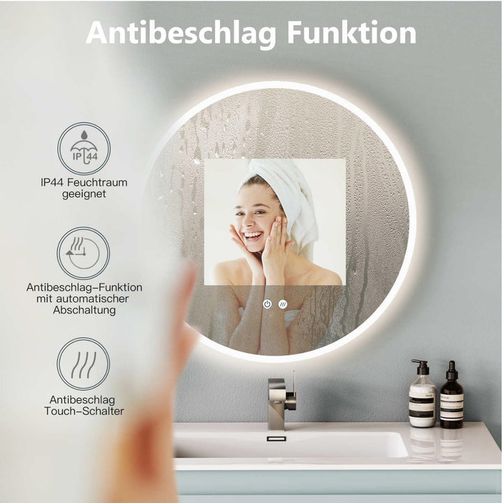 Badspiegel mit Beleuchtung Rund 80cm, Spiegel Runder mit Licht und mit Antibeschlag, Badezimmerspieg