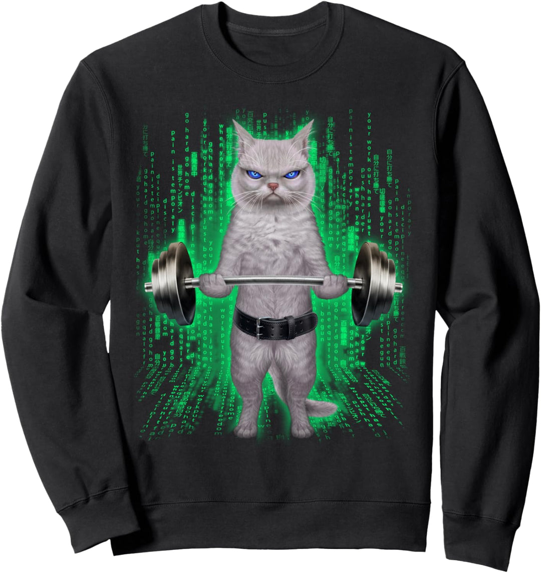Weisse Katze, die Gewichte im Cyber-Fitnessstudio hebt Sweatshirt