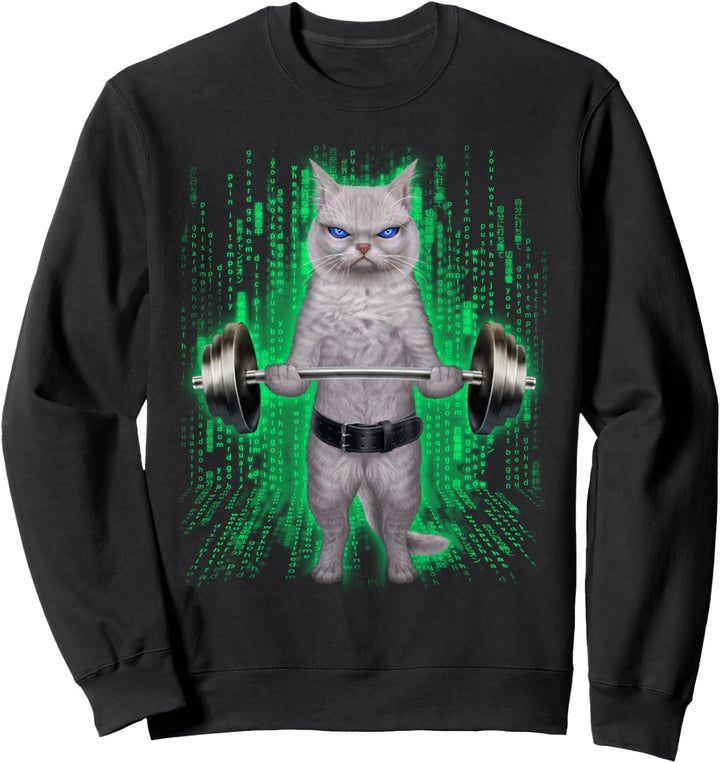 Weisse Katze, die Gewichte im Cyber-Fitnessstudio hebt Sweatshirt