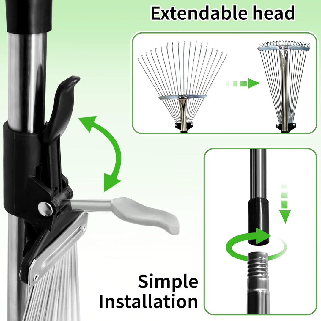 Laubrechen mit Stiel 175cm – 18-Zahn Laubbesen mit Verstellbarem Kopf (20-45cm) – Ideal für Grosse F