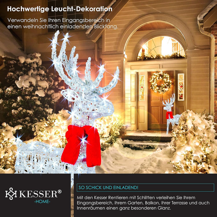 KESSER® 240er LED Rentiere mit Schlitten weiss Timer Inkl. 2X Dekoschal Weihnachtsbeleuchtung für au