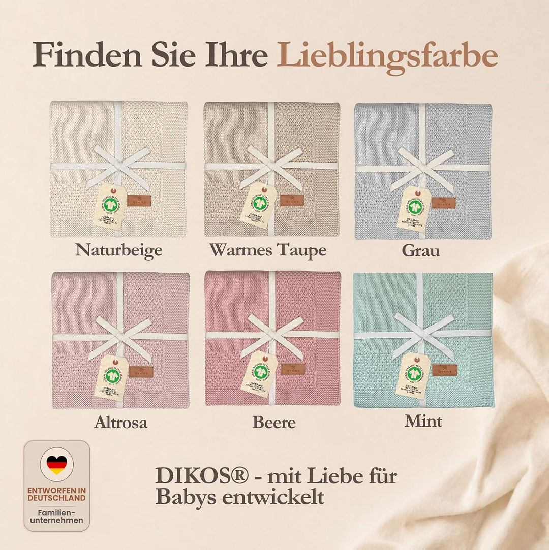 DIKOS® Babydecke aus *100%* GOTS Bio Baumwolle grau | Herbst/Winter Neugeborenen Baby Decke | Strick