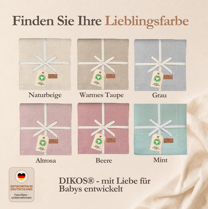 DIKOS® Babydecke aus *100%* GOTS Bio Baumwolle grau | Herbst/Winter Neugeborenen Baby Decke | Strick