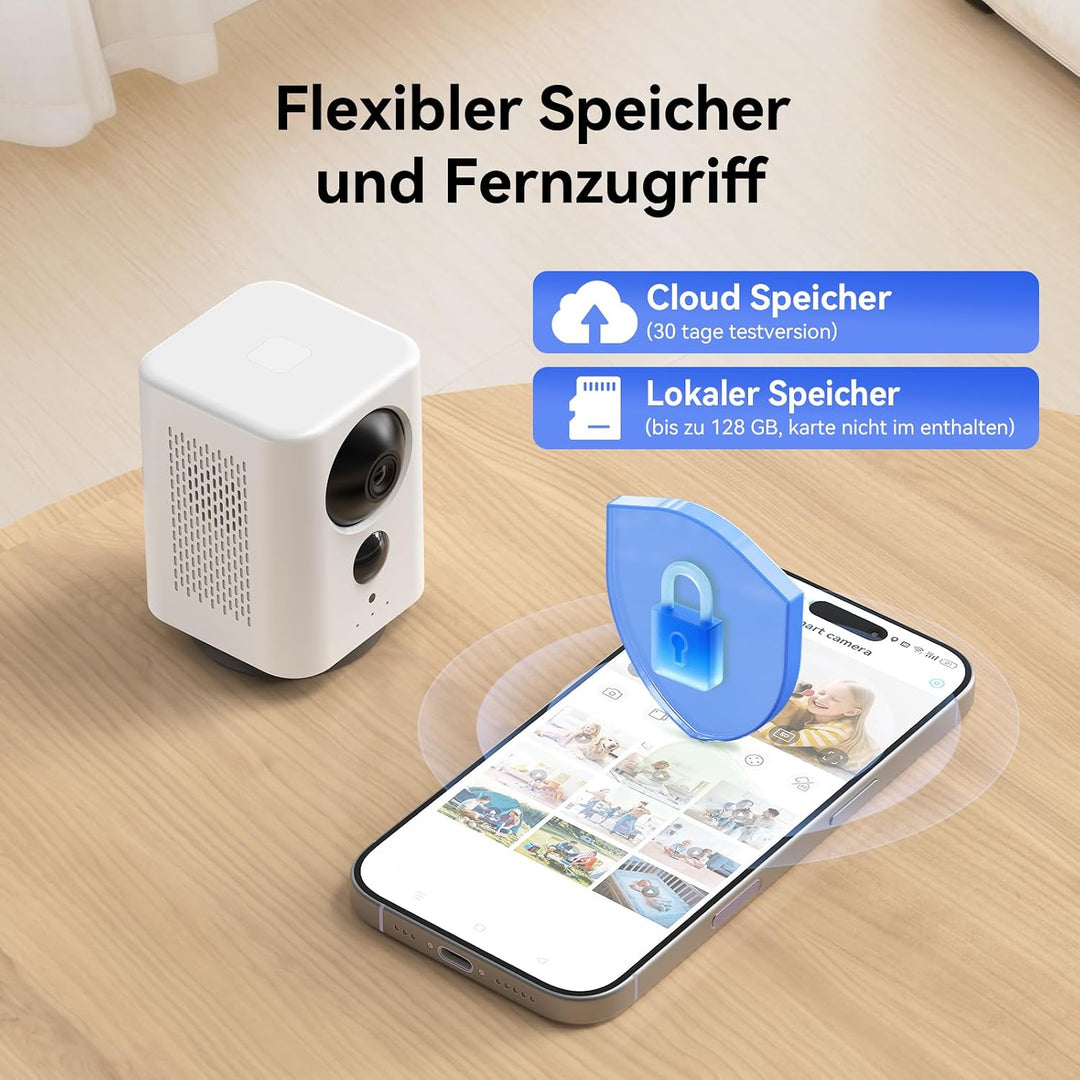 2K WLAN Überwachungskamera Innen 7800mAh Akku, Indoor Kamera Kabellos | 360° PTZ, Aufladbar IP Innen