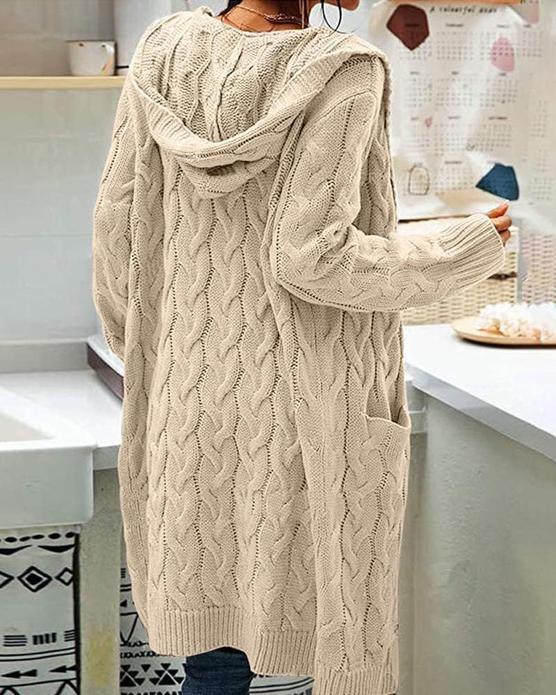GeGekoko Strickjacke Damen mit Kapuze Langarm Grobstrick-Cardigan Open Front Sweater Herbst Winter C