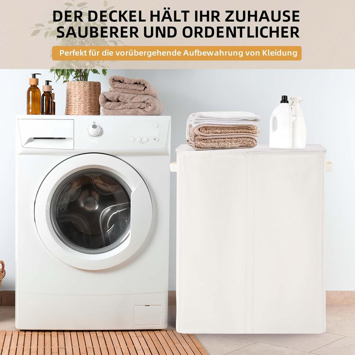 Wäschekorb mit Deckel 135L, Grosse Wäschesammler 2 Fächer mit Griffen, Beige | Wäschesortierer und H