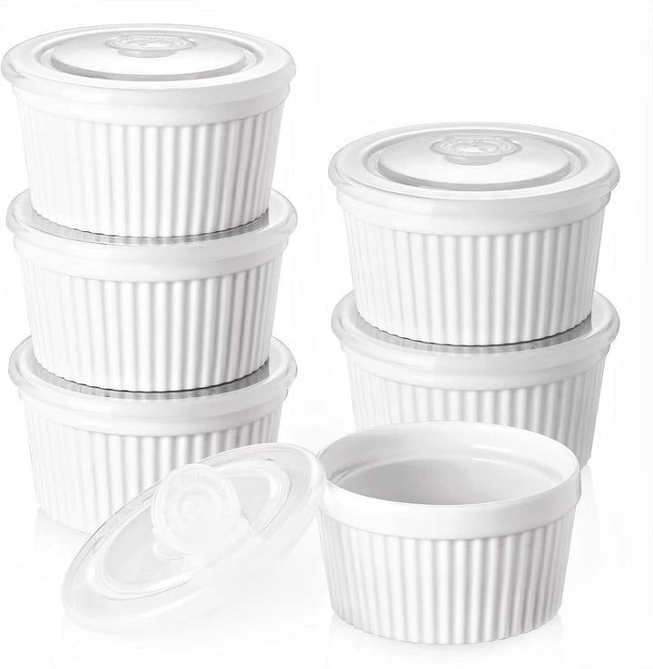 DOWAN Creme Brulee Schälchen Set mit Deckel, 6 X 235 ml Antihaft Souffle Förmchen Backofenfest, Porz