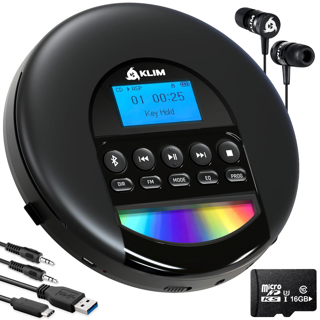 KLIM Nomad CD Player Bluetooth - Tragbarer CD-Player mit langlebigem Akku - Inklusive Kopfhörer - 16