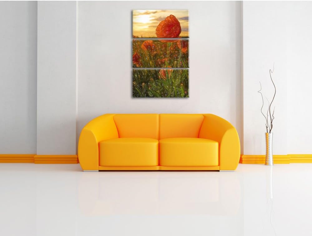 Pixxprint Mohnfeld Kunst Buntstift Effekt 3-Teiler Leinwandbild 120x80 Bild auf Leinwand