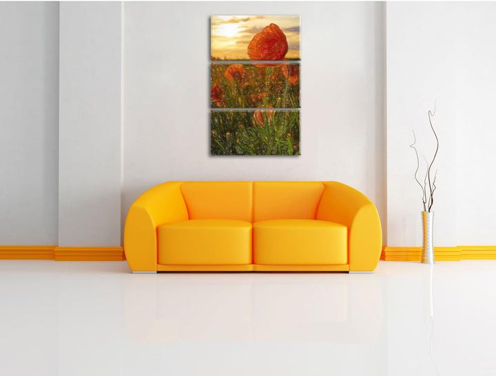 Pixxprint Mohnfeld Kunst Buntstift Effekt 3-Teiler Leinwandbild 120x80 Bild auf Leinwand