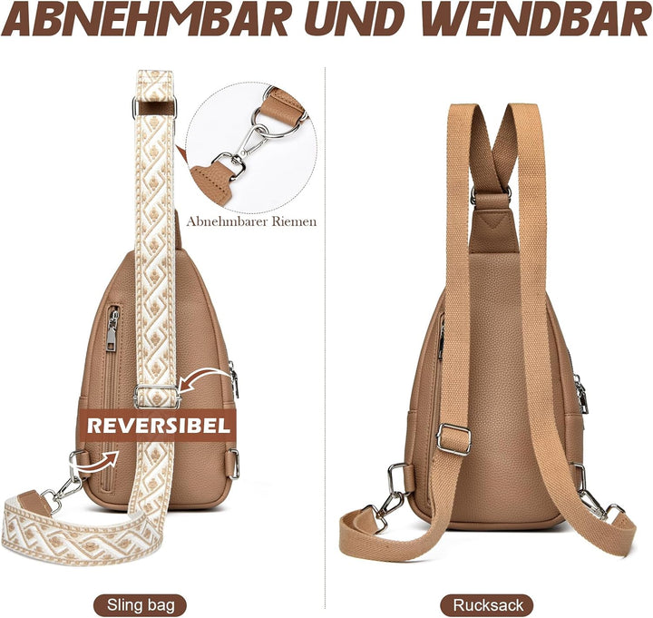 Travistar Brusttasche Sling Bag Damen Herren 2 in 1 Rucksack Damen Klein mit 2 Abnehmbare Schultergu