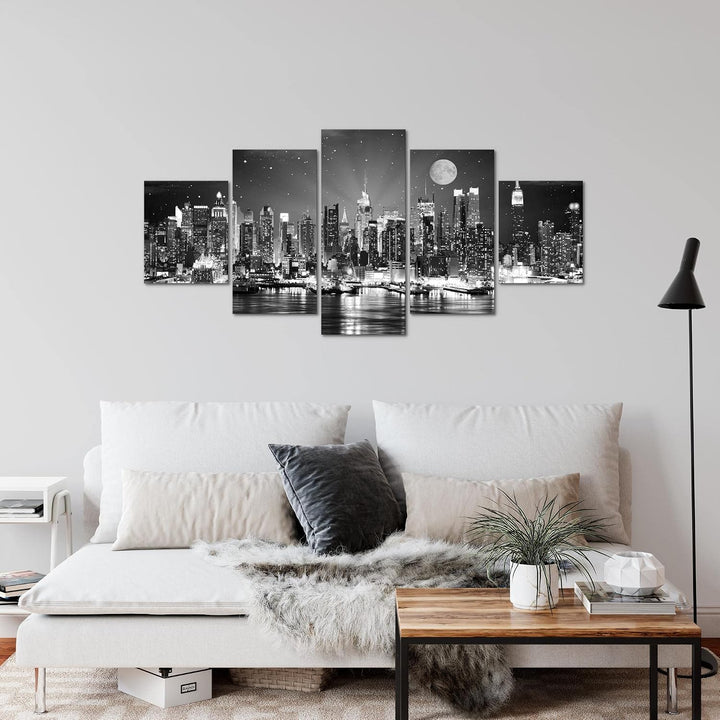 Runa Art Wandbilder New York City 5 Teilig Bild auf Vlies Leinwand Deko Wohnzimmer Büro Skyline Schw