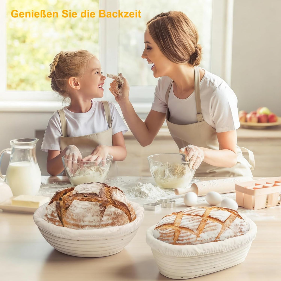 Sauerteig Starter Set, Backzubehör für Sauerteigbrot mit 2 Gärkorb (25cm Ovale & 23cm Runde), Sauert