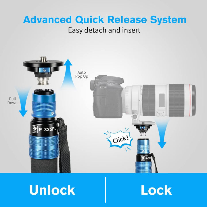 SIRUI P-325FS Carbon Fiber Kamera Video Teleskop Einbeinstativ Monopod kit mit Standfuss 148,3 cm,Le