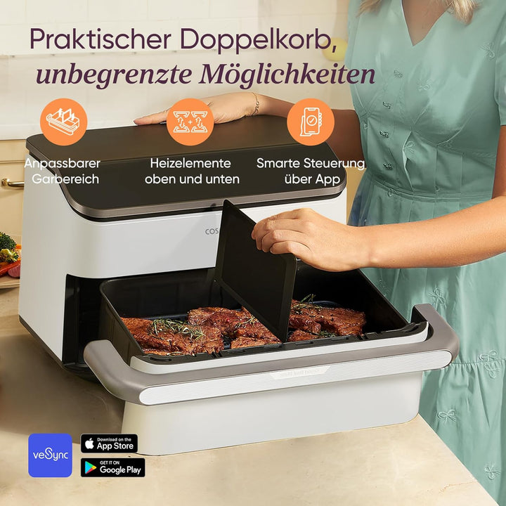 COSORI Heissluftfritteuse 2 Kammern, Dual Blaze TwinFry 10L, mit 4 Heizrohren & flexiblen Kammern, g