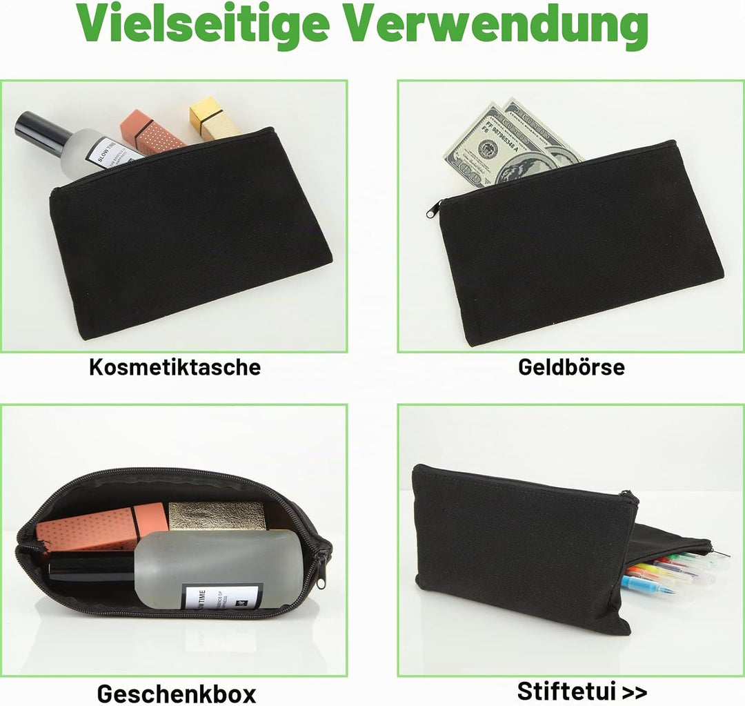 JMIATRY 30 Stück DIY Blanko Stoffbeutel Mit Reissverschluss Schwarz, 12 × 21cm Klein Stoffbeutel Zum