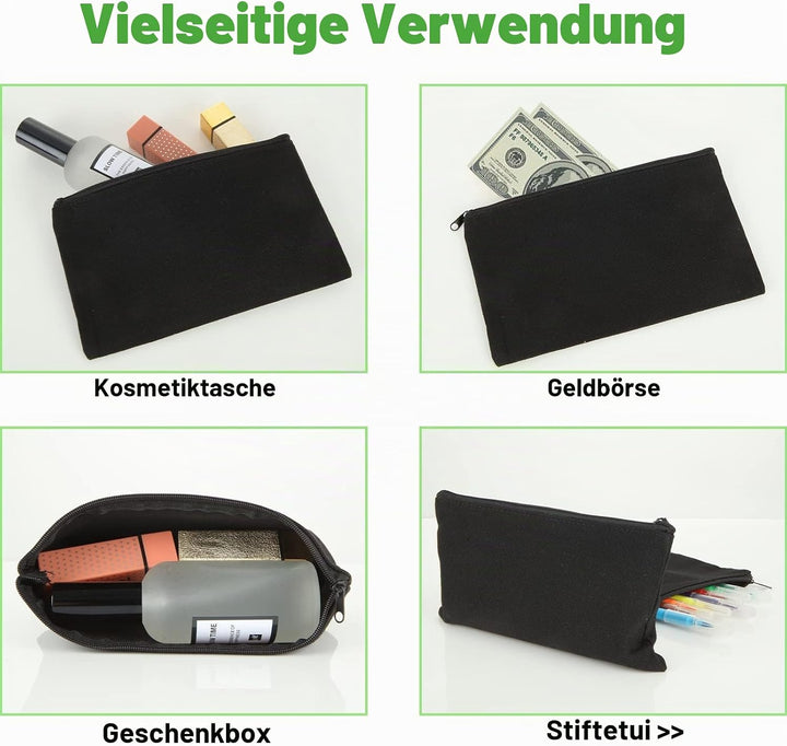 JMIATRY 30 Stück DIY Blanko Stoffbeutel Mit Reissverschluss Schwarz, 12 × 21cm Klein Stoffbeutel Zum