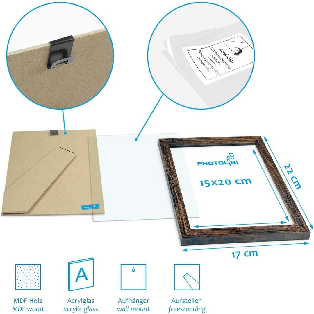 PHOTOLINI Bilderrahmen 15x20 Holz MDF Eiche Dunkel, 3er Set Bilderrahmen 20x15, Picture Frame mit Ac