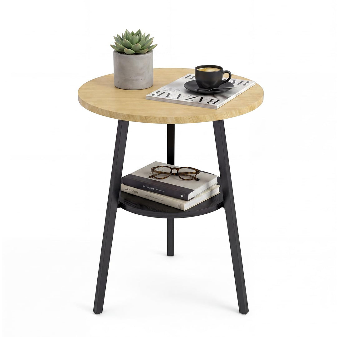 Beistelltisch Rund, Couchtisch Klein mit 2 Etagen, Runder Holz Beistelltisch im Vintage Stil, Eiche