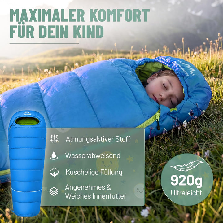 ALPENWERT® Kinderschlafsack Sommer – wächst mit! [130–170cm] – Nur 920g, Kompakt [32×19cm] – Perfekt