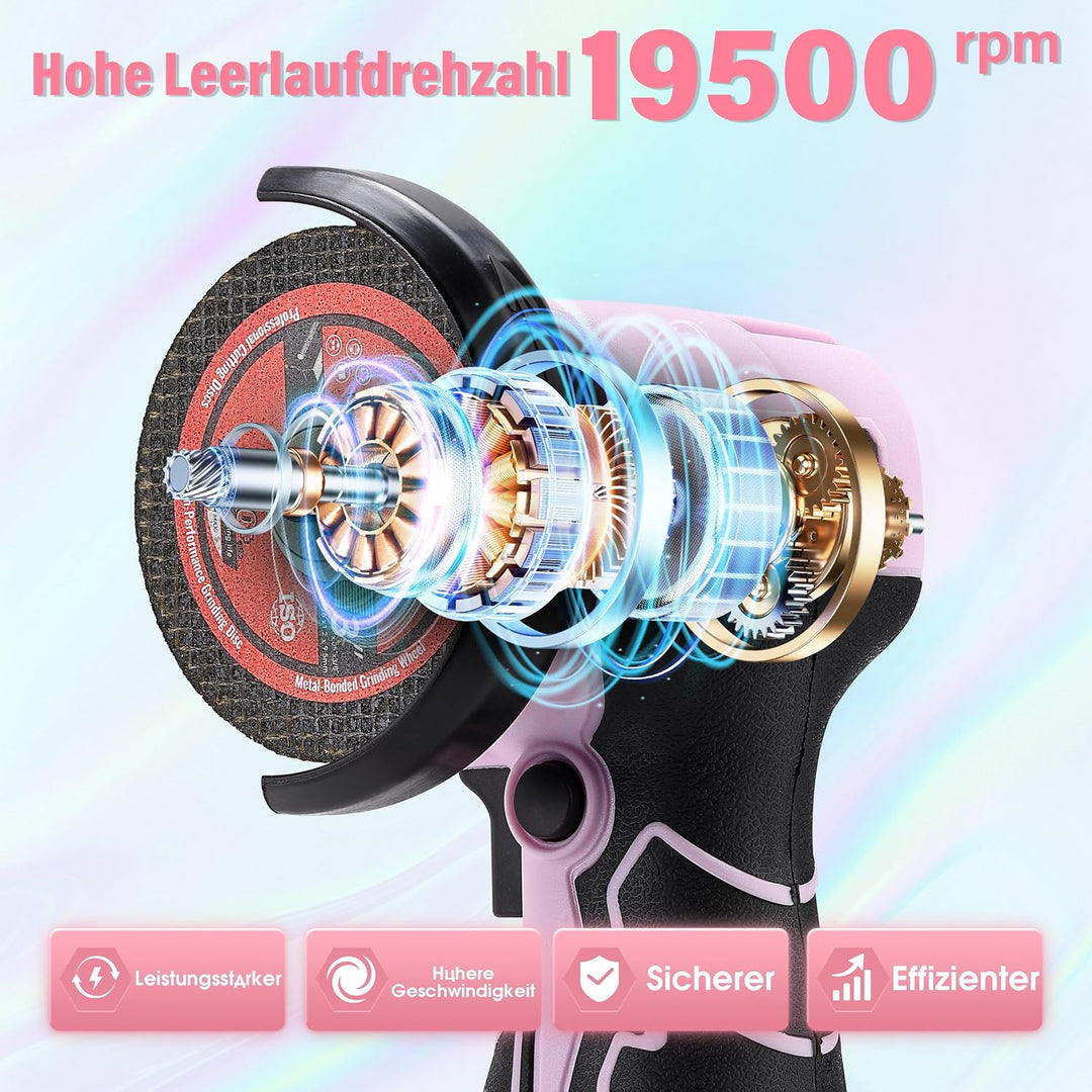 TEENO Mini Winkelschleifer Rosa 76 mm, Akku Winkelschleifer Kabellos 19.500 U/min mit 2 Akkus 2000 m