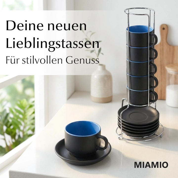 MIAMIO - 6 x 75 ml Espressotassen Set/Espresso Tassen Set mit Untertasse & Ständer - Kaffeetassen Se